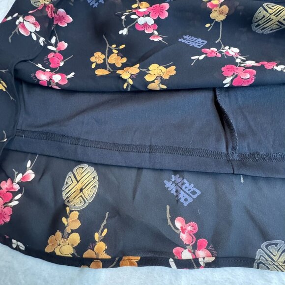 Floral Women's Maxi Lined Skirt Small Oriental Elastic Waist Lined Black Red Ylw - Picture 7 of 7